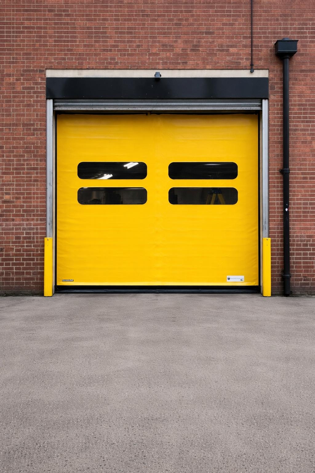 Yellow high speed fabric door installed in a brick building