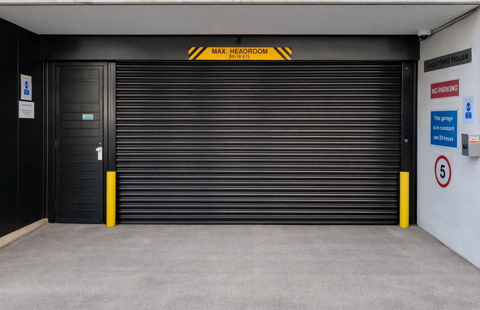 Black roller shutter door fitted to a car park entrance