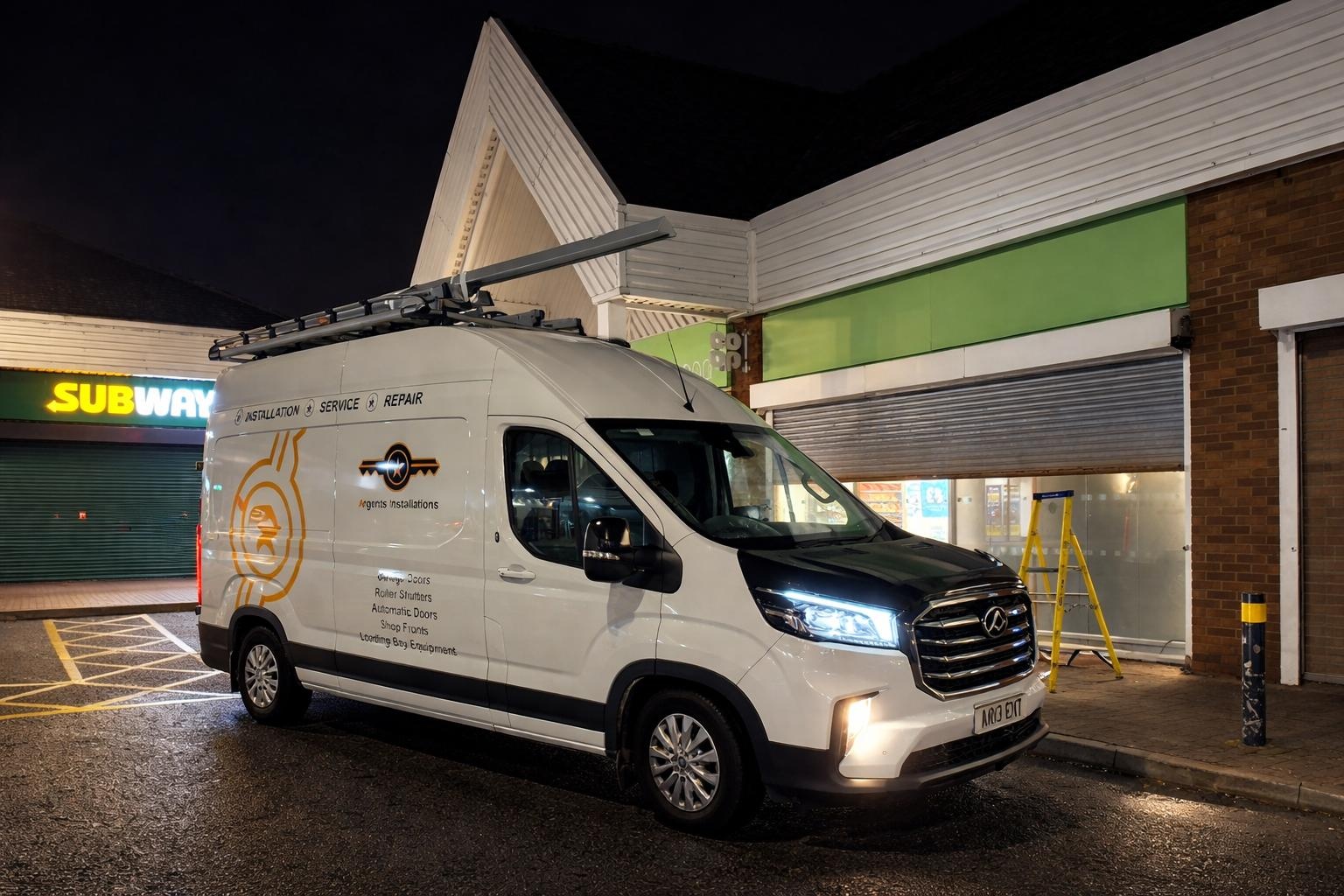 Branded Argents Installations van outside a completed shutter installation