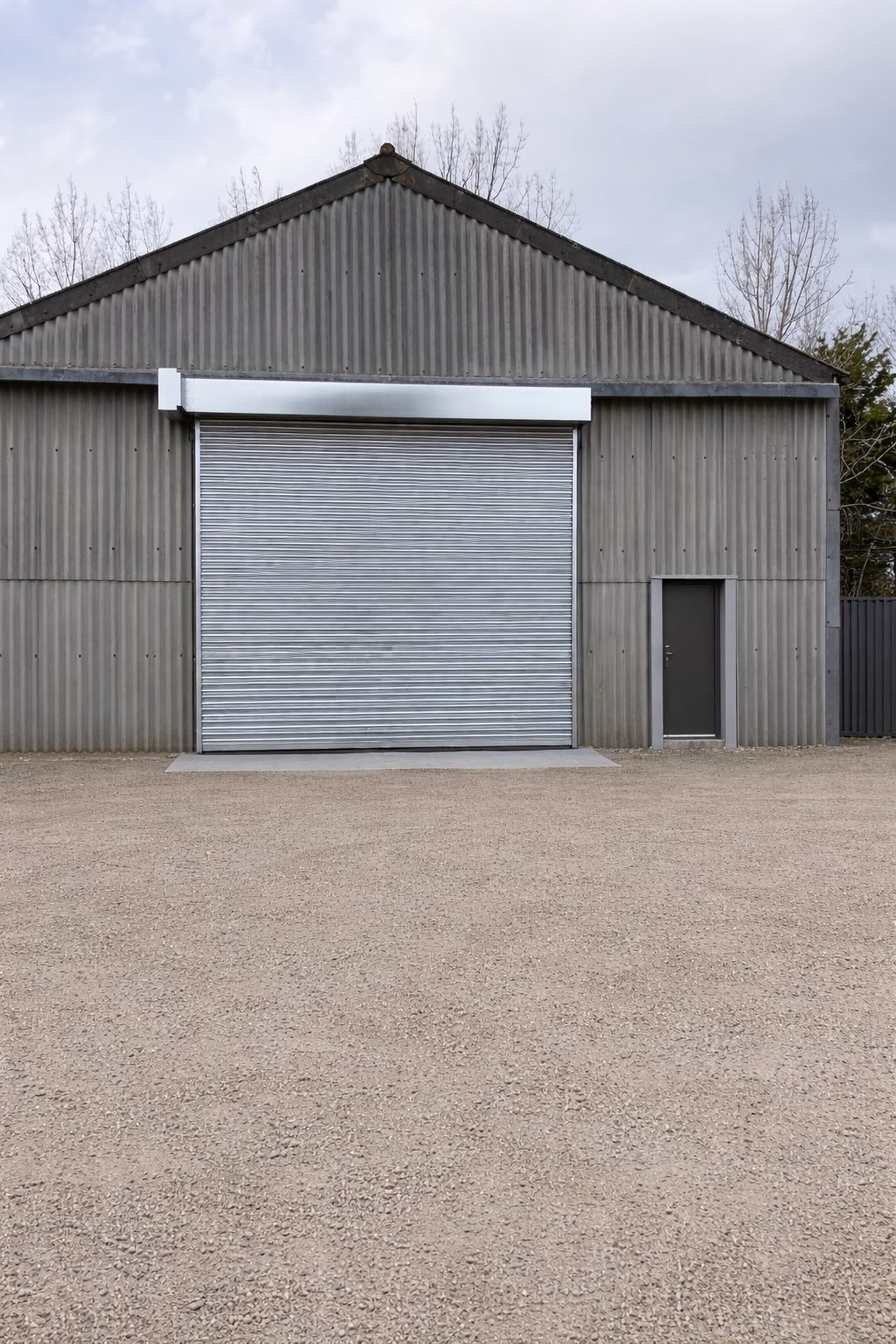 Silver roller shutter door installed in a corrugated warehouse wall