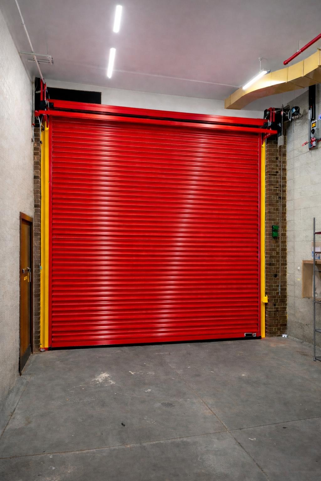 Fire rated shutter installed in a commercial building wall