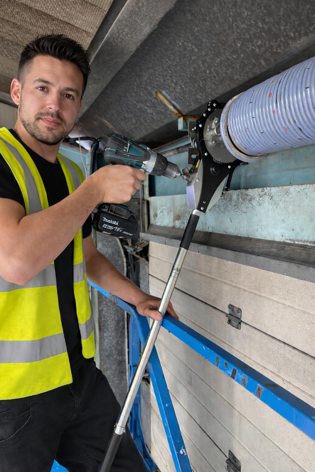 Engineer adjusting a roller shutter barrel from an access platform
