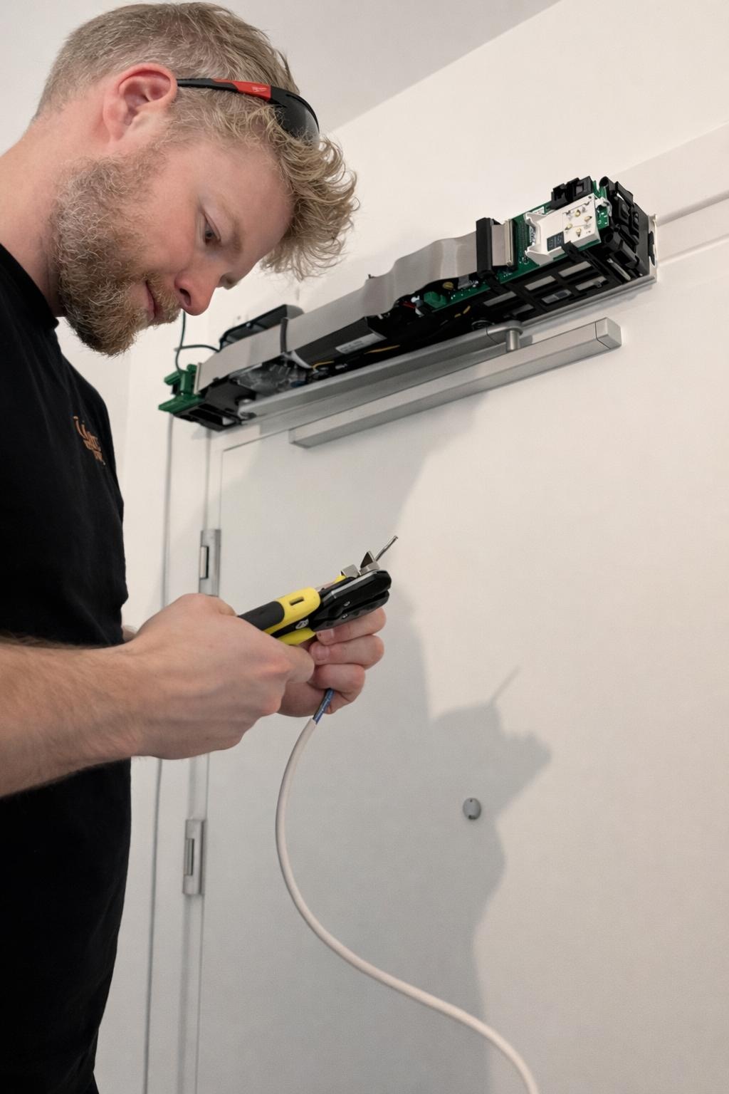 Close up of an engineer repairing an automatic door operator